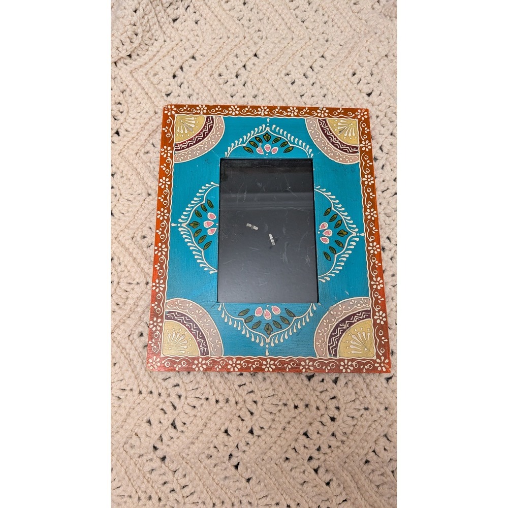 Hand Painted Wood Picture Frame 4x6 Boho Folk Art Floral Turquoise Orange‎ 8x10